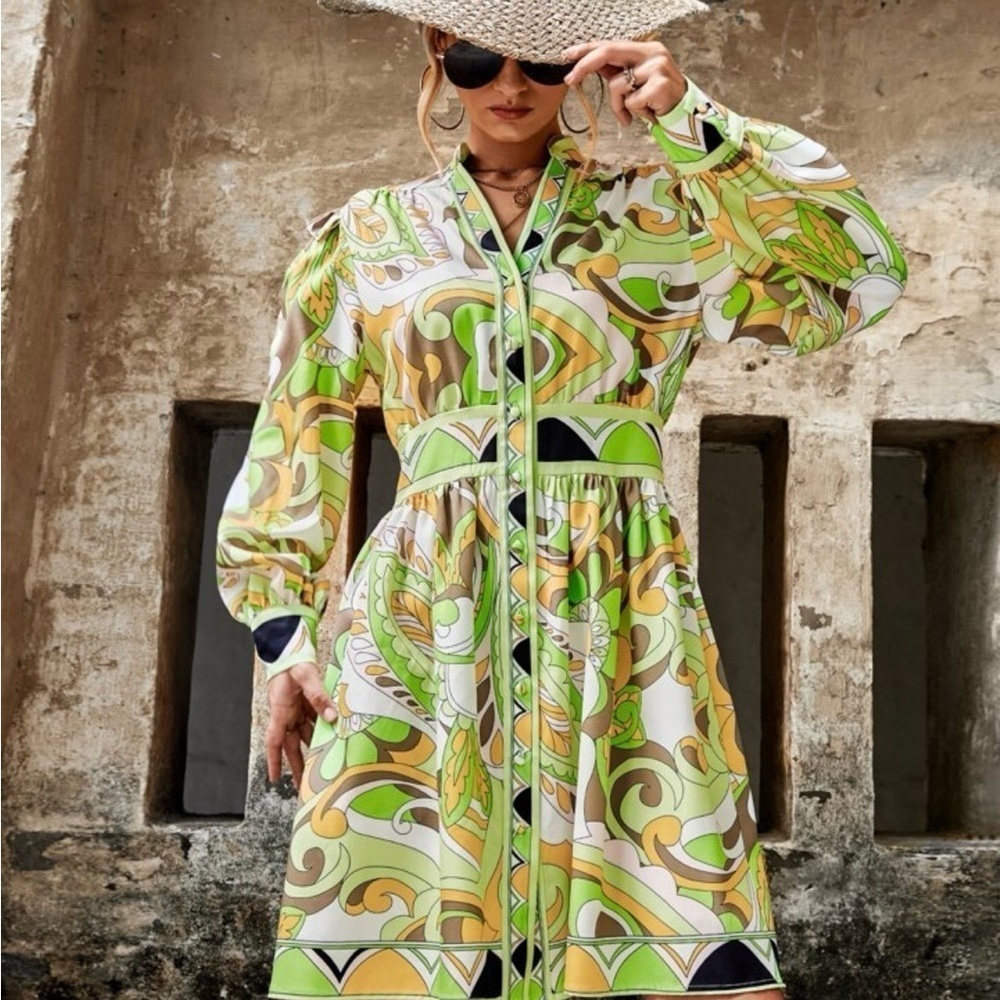 Pink Ripple NWT Scroll Print Bishop Sleeve Shirt Dress Bus Casual Size Small
